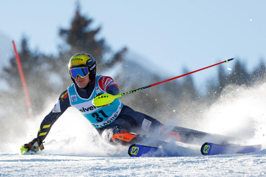 ADELBODEN, SWITZERLAND - JANUARY 10 : Armand Marchant of Belgium in action during the Audi FIS Alpine Ski World Cup Men's Slalom on January 10, 2021 in Adelboden Switzerland. (Photo: Alexis Boi Agence Zoom)